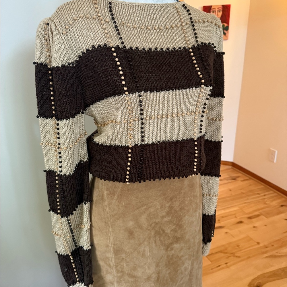 Chocolate Brown and Cream Striped Sweater w tiny wooden beads- Vintage Nannell - Picture 13 of 15